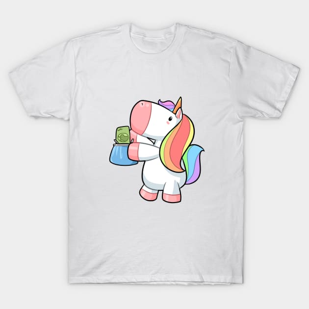 Kawaii unicorn putting money in bags T-Shirt by Japanese Designs